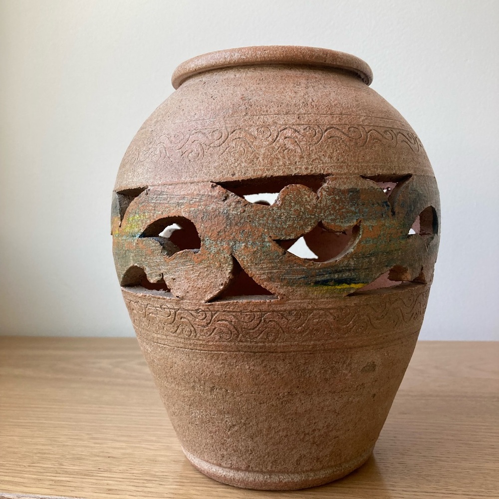 studio pottery rustic carved vase vessel stoneware vintage bohemian boho brown - Picture 6 of 9